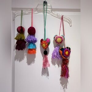 Handmade multicolored yarn pom-pom/ heart-shaped fabric bag charms  - 5 of them